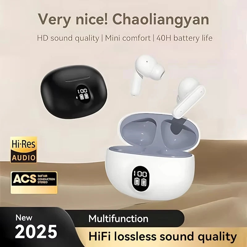 Mini Slim Bluetooth Earbuds with LED Battery Display Charging Case, TWS In-Ear Stereo Earphones with Microphone in Skin, Black or White for Music and Calls