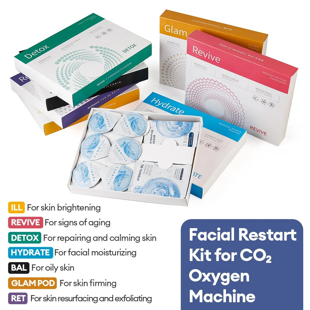 Facial Pod Serum and Gel Kit with Listed Six 8g Pods, Six 8ml Serums and Six 15ml Gels, Seven Type Choices and Separate Bubble Pen Option