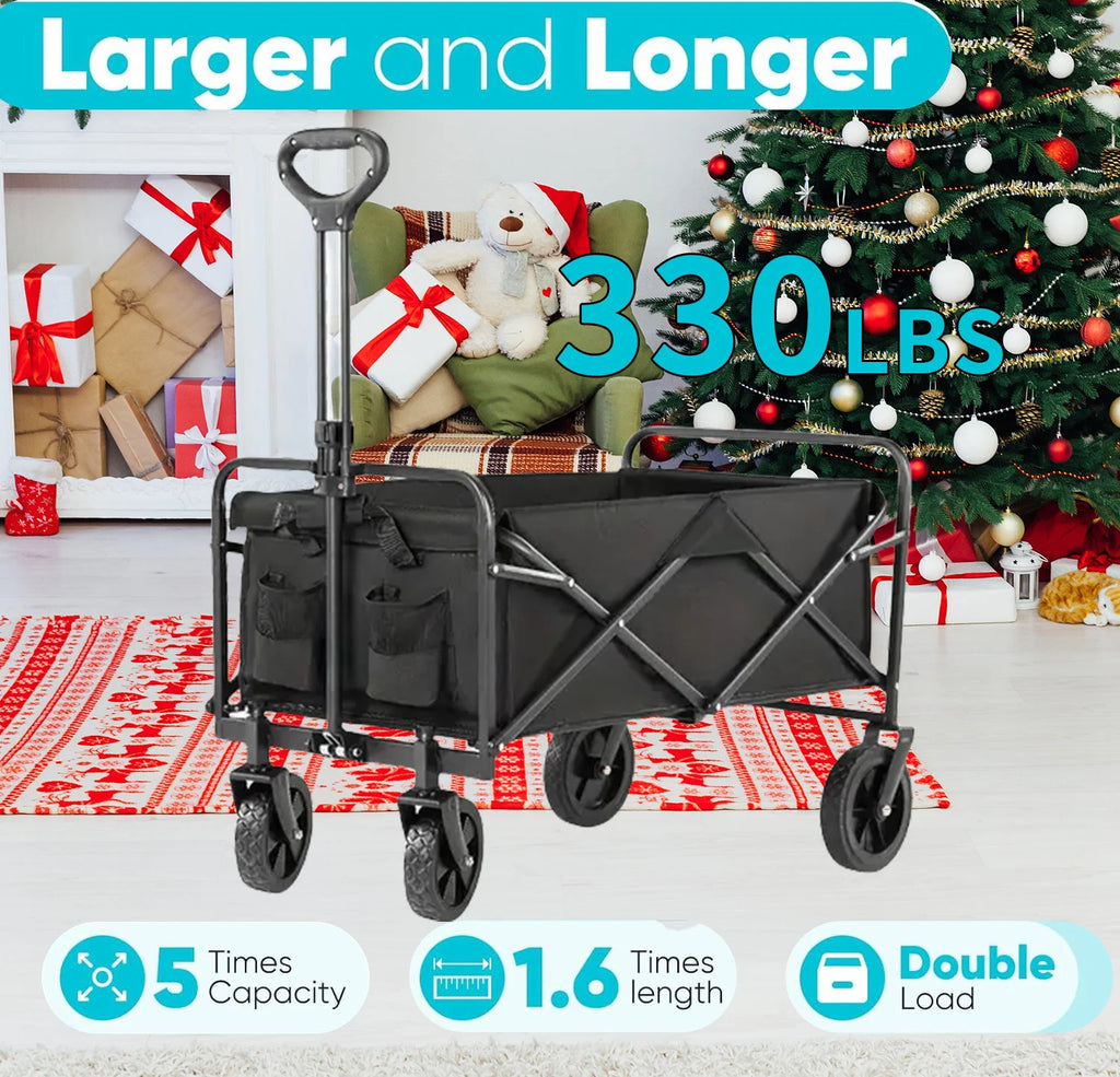 Folding Wagon Cart with Side Pockets and Listed 360-Degree All-Terrain Wheels, Black Collapsible Utility Carrier in Three Load-Labeled Options for Camping Gear