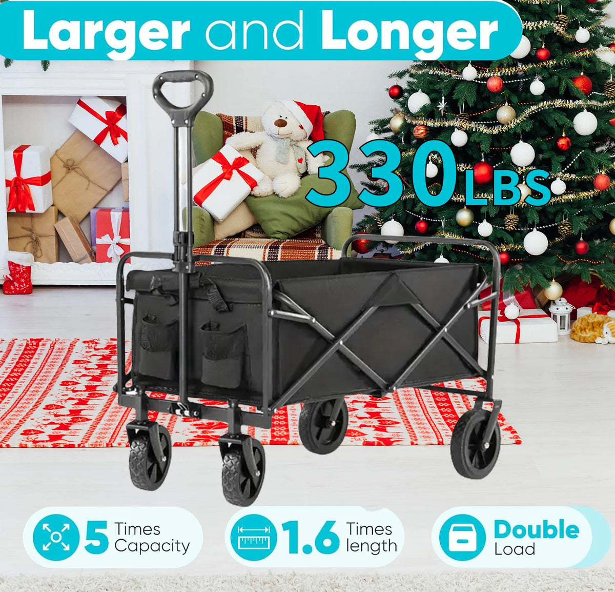 Folding Wagon Cart with Side Pockets and Listed 360-Degree All-Terrain Wheels, Black Collapsible Utility Carrier in Three Load-Labeled Options for Camping Gear