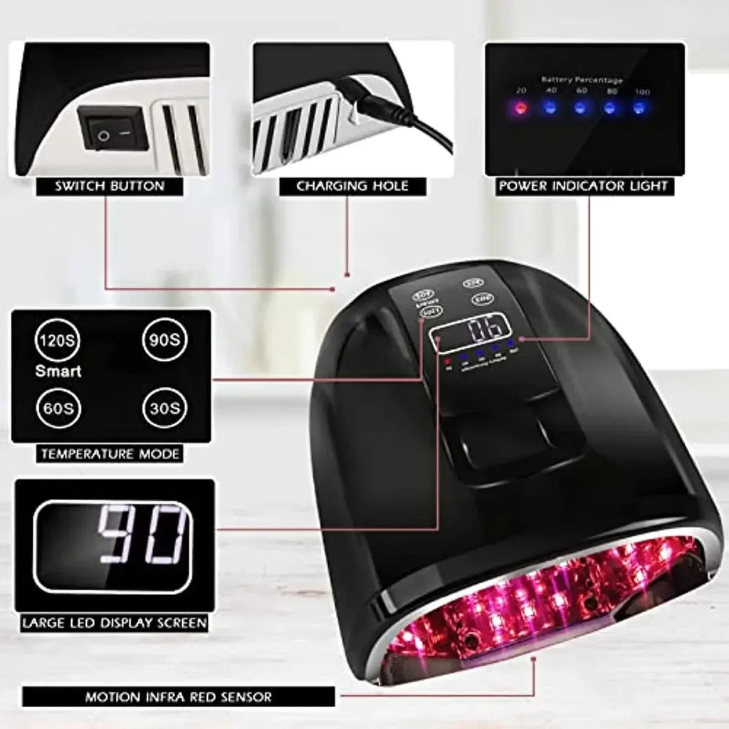 Cordless UV LED Nail Lamp with Mirror Bottom, 45 LEDs and Four Timer Settings, Rechargeable Manicure Light in Gold, Black or White with Plug Options