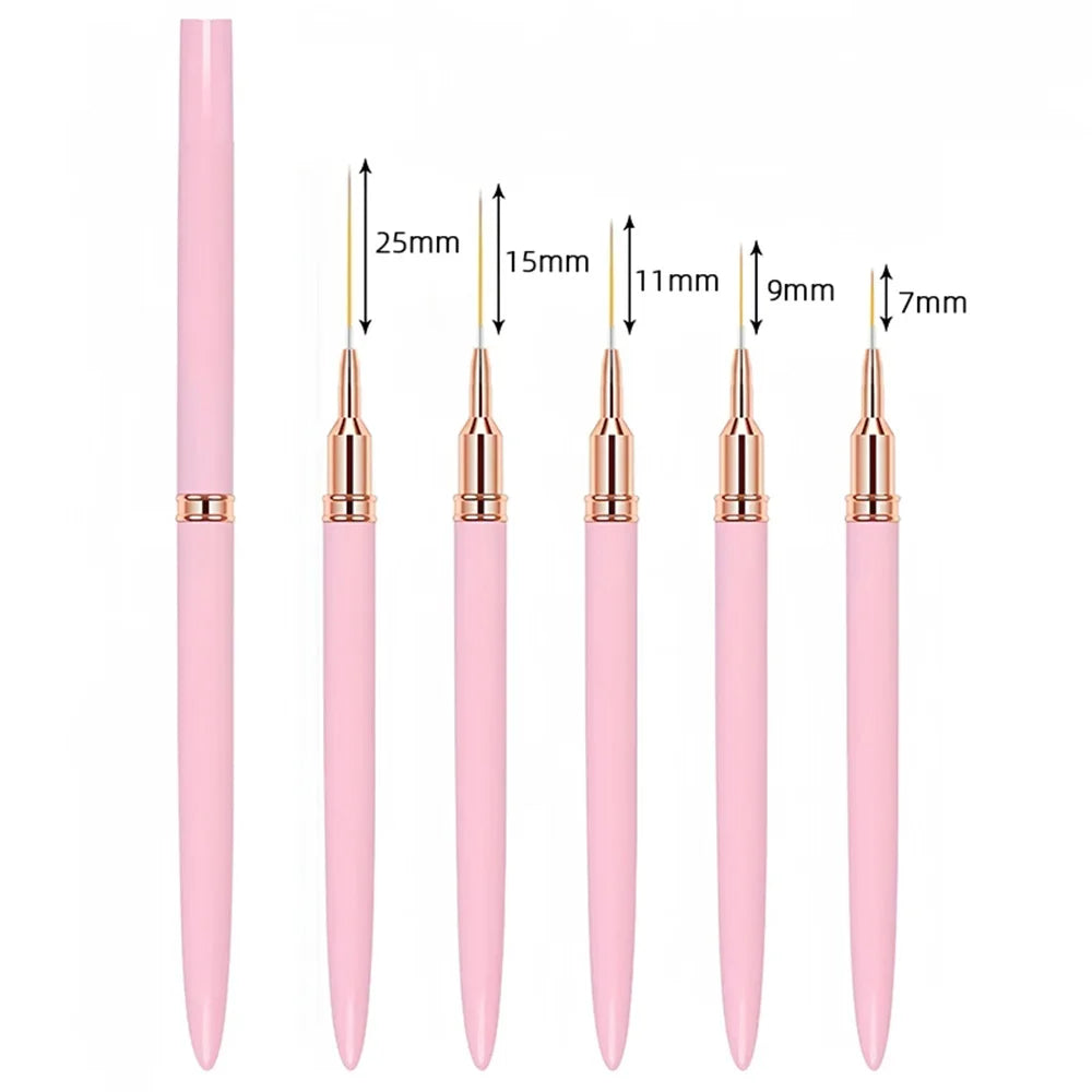 Nail Striping Brush Set, 5 Nail Art Liner Brushes in 7, 9, 11, 15 and 25mm Sizes for Fine Lines, Delicate Patterns and DIY or Salon Manicures