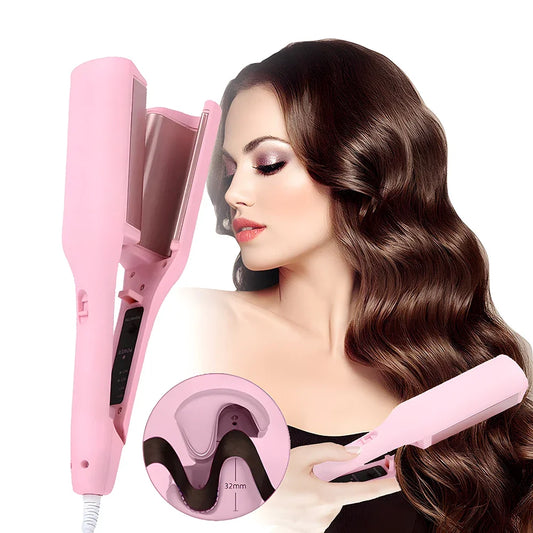 Deep Wave Hair Curler with Listed 32mm Size and Four Adjustable Temperature References, Pink or Purple Crimping Styler with Regional Plug Option Labels