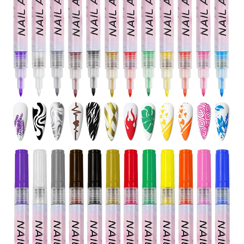 Nail Art Graffiti Pens, 12-Color Drawing Set with 12-Piece Title Reference for Abstract Lines, Creative DIY Manicure Decoration and Painting Liner Designs