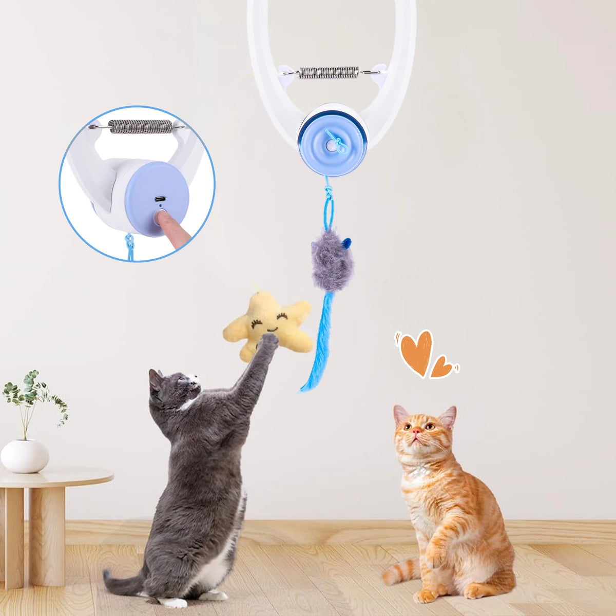 Rechargeable Door Hanging Cat Toy with Three Modes, Retractable Teaser Rope and Three Catnip Mouse Accessories, Blue Indoor Toy for Supervised Play