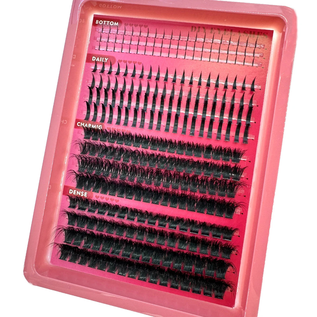 Spiky Manga Lash Clusters with Bottom Lash References, Individual False Eyelashes in 15-Row and 16-Row Style Selections with D or dd Curl and MIX Length Labels