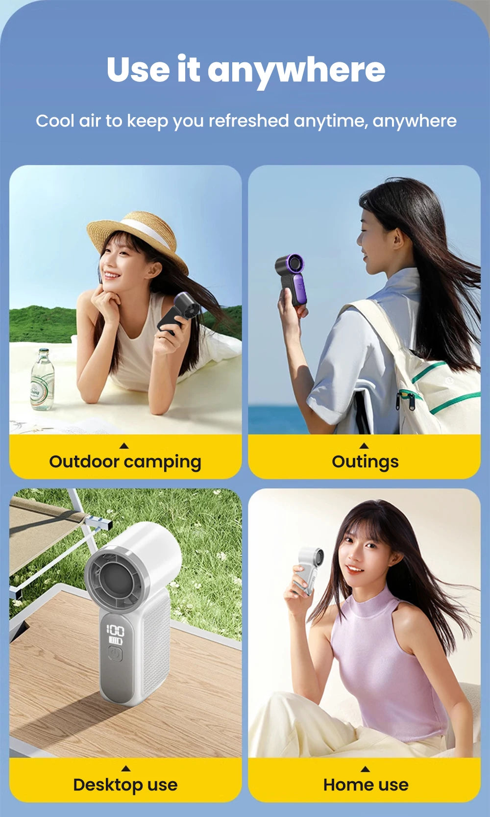 Five-Speed Handheld Fan with Type-C Charging and Button Controls, Rechargeable Mini Personal Fan in White, Purple, Gray or Green for Office and Summer Outings