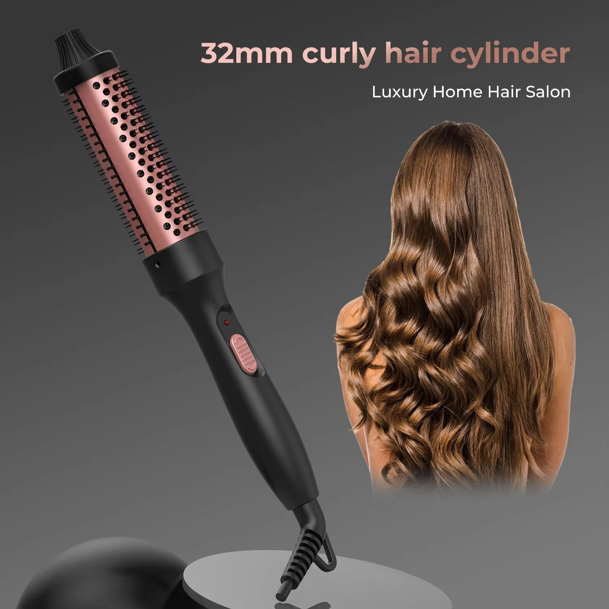 Thermal Round Hair Brush with Listed 32mm Barrel, PTC Heating and Ceramic Tourmaline References, Black Gold Styling Tool with EU or US Plug Options