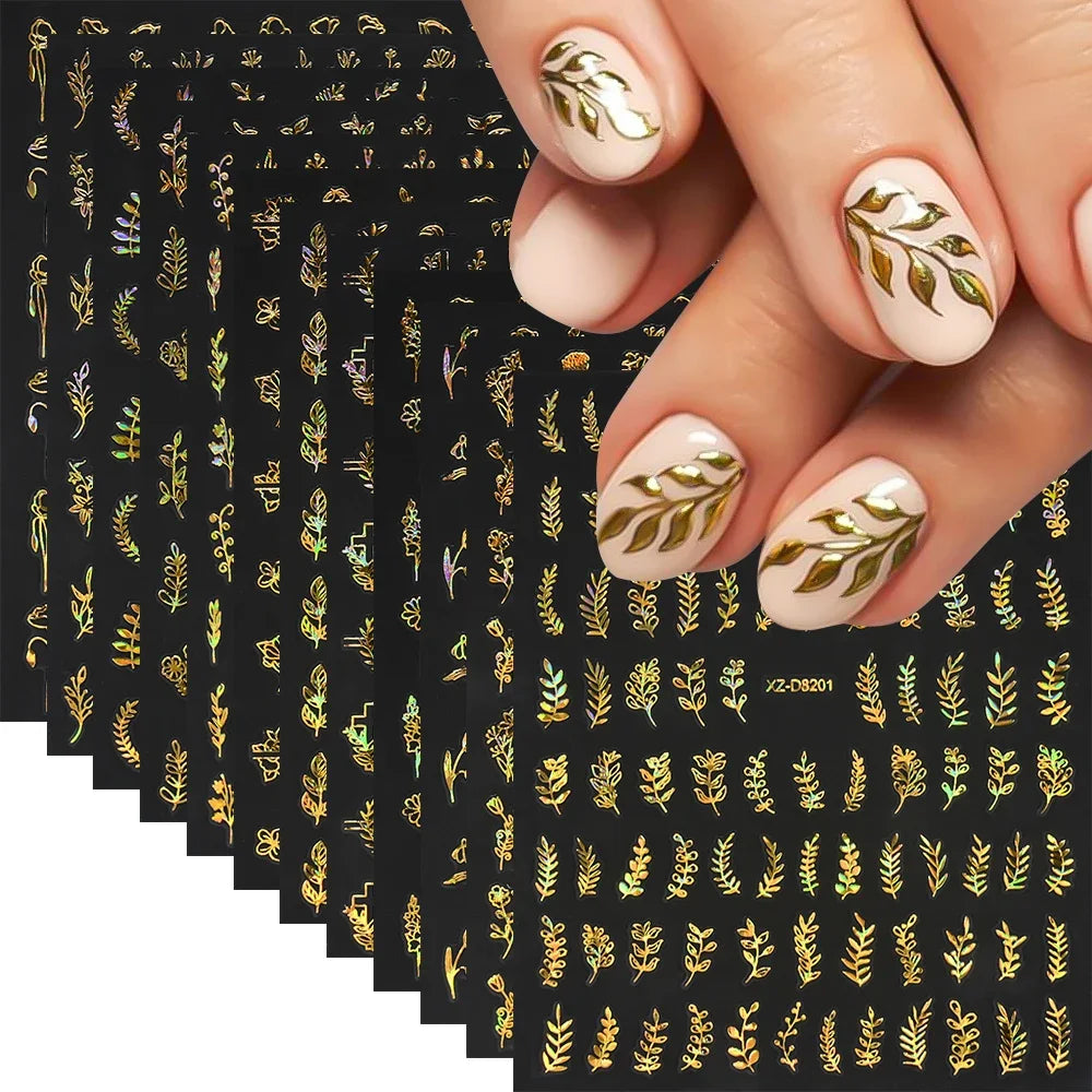 Gold Leaf Nail Stickers, 12-Piece Metallic 3D Floral Self-Adhesive Nail Art Decal Set for Botanical DIY Manicures, Party Styling and Salon Decoration