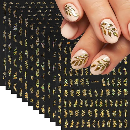 Gold Leaf Nail Stickers, 12-Piece Metallic 3D Floral Self-Adhesive Nail Art Decal Set for Botanical DIY Manicures, Party Styling and Salon Decoration