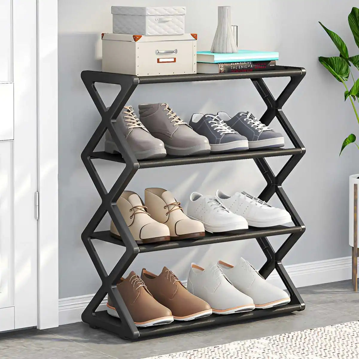 Four-Tier X-Frame Shoe Rack with Steel Tubes and Cloth Shelves, Compact Tool-Free Footwear Organizer for Entryways, Dorm Rooms and Bedroom Storage