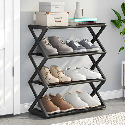 Four-Tier X-Frame Shoe Rack with Steel Tubes and Cloth Shelves, Compact Tool-Free Footwear Organizer for Entryways, Dorm Rooms and Bedroom Storage