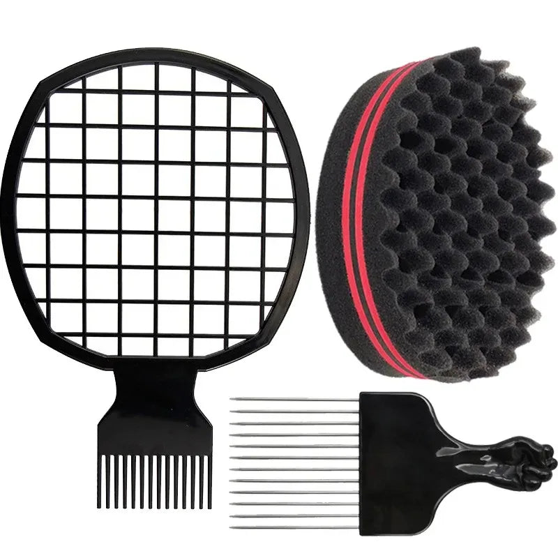 Twist Hair Sponge Styling Selection with Curling Brush, Grid Comb and Metal Hair Pick References, Three Coded Options for Personal Hair Shaping and Grooming