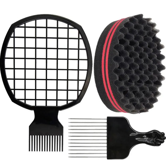 Twist Hair Sponge Styling Selection with Curling Brush, Grid Comb and Metal Hair Pick References, Three Coded Options for Personal Hair Shaping and Grooming