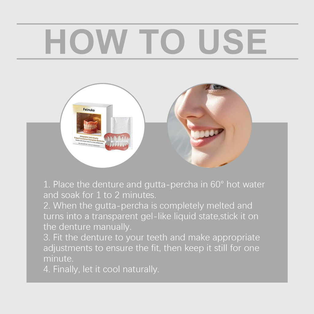 Cosmetic Denture-Style Teeth Cover Kit with Single-Piece and Multi-Item Purchase Labels, Material and Fit Details Requiring Professional Dental Review Before Use