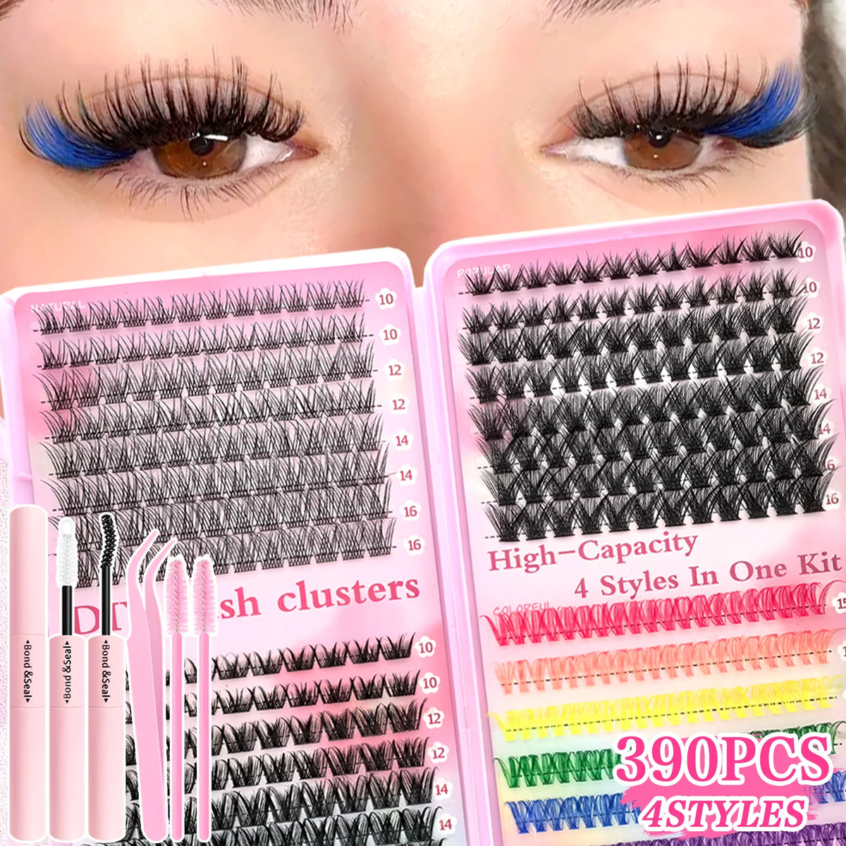 Color Mixed Lash Clusters, 12 and 30 Row Options with 345D and Wide Stem Styles for DIY False Eyelash Looks, Creative Eye Makeup and Occasions