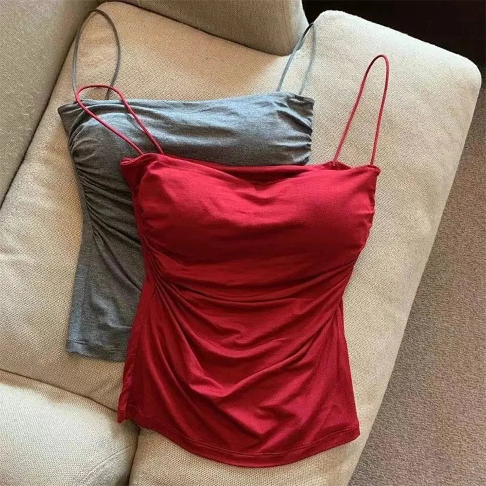 Women's Fixed Pad Crop Top with Thin Straps, Sleeveless Polyester Casual Tank in Red, Black, White or Grey, One Size for Layering and Going-Out Outfits