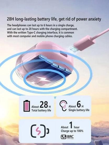 T2 Wireless Bluetooth Earphones with LED Power Display and Built-In Microphone, Transparent-Style In-Ear Audio Design in Five Colors for Music and Calls