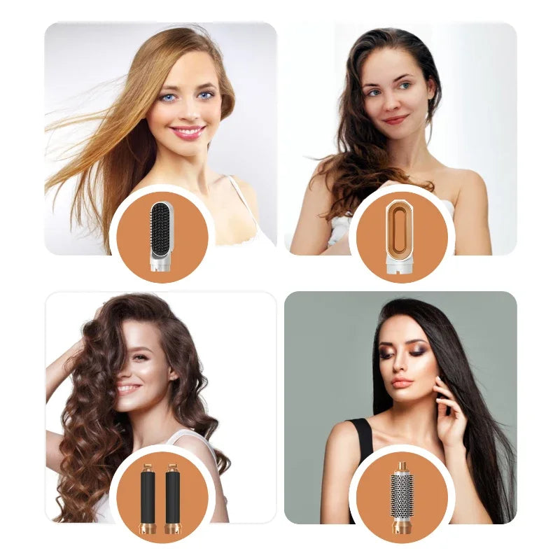 Interchangeable Hair Dryer Brush Set, 5-in-1 1000W Hot Air Styler with Curling Attachments, Smoothing Comb and Nozzle, Three Heat Settings and US Plug Option