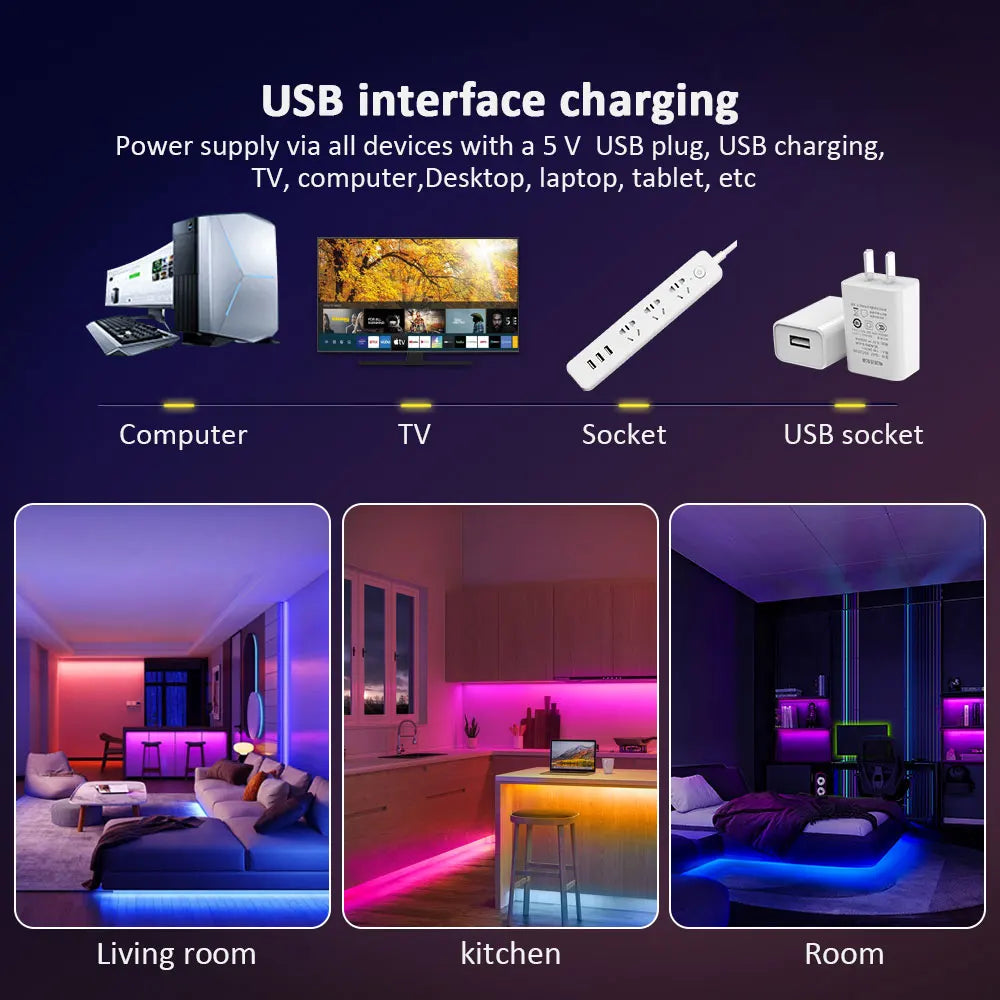 Music Sync RGB LED Strip Lights with 5V USB Power and Bluetooth 24key Option, Nine Lengths from 1m to 30m for Bedroom, TV and Party Accent Decoration