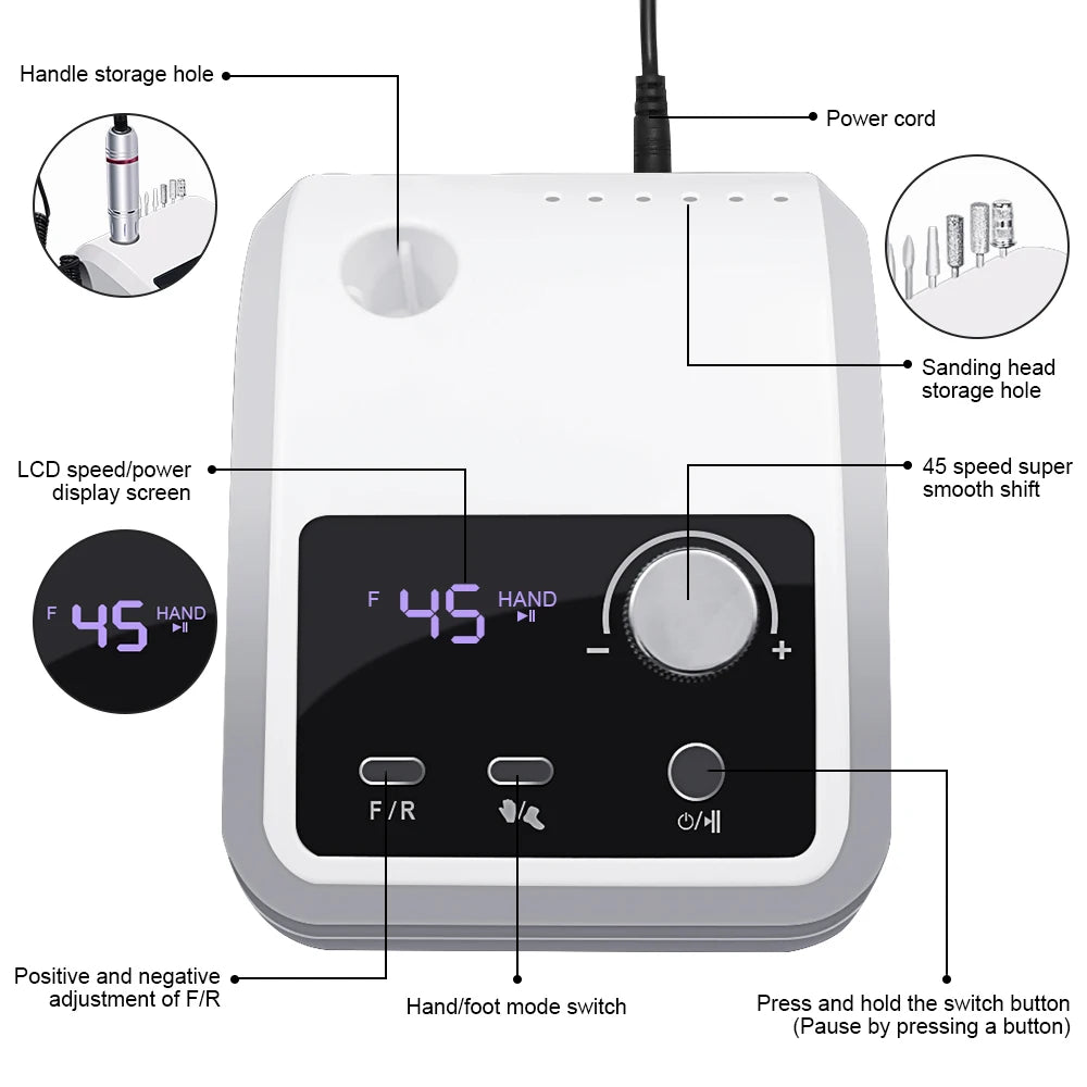 Rechargeable Nail Drill 204 with Listed 45,000 RPM Maximum, LCD Speed and Battery Display, Brushless Motor and Aluminum Alloy Body for Acrylic and Gel Filing