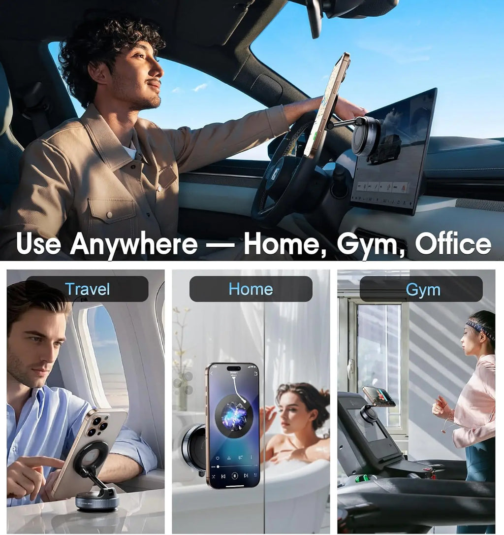 Folding Magnetic Phone Holder, 360° Rotating Vacuum Suction Mount in Black or White for Compatible Car Dashboards, Windshields and Desktop Phone Positioning