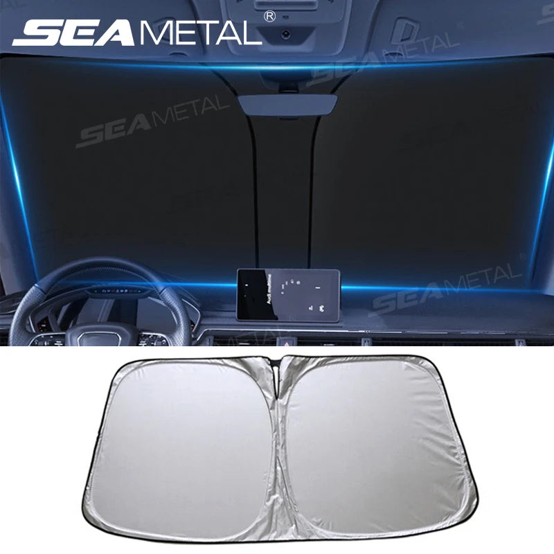 SEAMETAL Foldable Windshield Sun Shade in Silver with Reflective Material, Mirror Cutout and Wire Support, Small or Large Options for Parked Cars