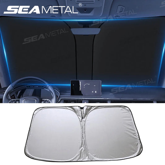 SEAMETAL Foldable Windshield Sun Shade in Silver with Reflective Material, Mirror Cutout and Wire Support, Small or Large Options for Parked Cars