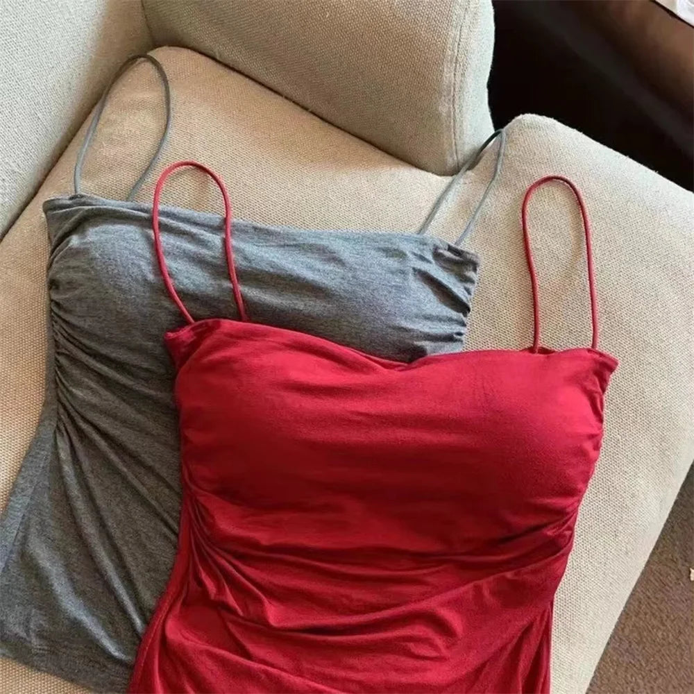 Women's Fixed Pad Crop Top with Thin Straps, Sleeveless Polyester Casual Tank in Red, Black, White or Grey, One Size for Layering and Going-Out Outfits