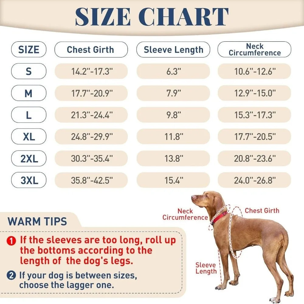 Dog Leg Sleeve in Grey Polyester, Single Stretch Fabric Pet Leg Cover with Six Size Options from S to 3XL and Chest, Neck and Sleeve Measurement Guide
