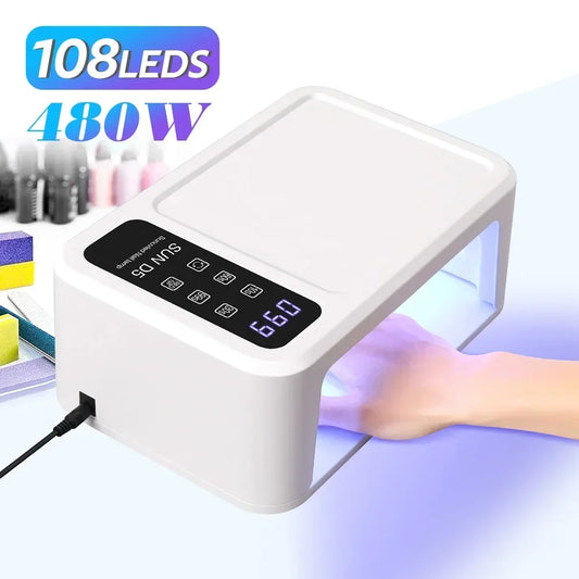 UV LED Nail Lamp Model Options with SUN D5 Listed 108 LEDs, Four Timers, Reversible LCD and Removable Metal Base for Gel Manicures, US or EU Plug Choices