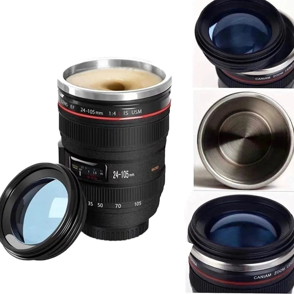 Camera Lens Coffee Mug, Photography-Themed Reusable Novelty Cup in Black 400ml or White 450ml Labeled Options for Home Desks and Photographer Gift Ideas