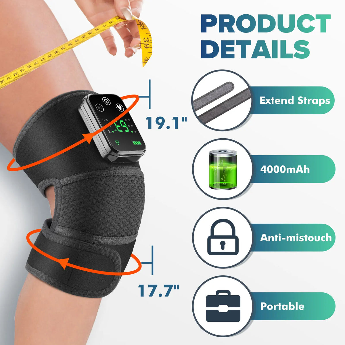 Rechargeable Heated Knee Wrap with Vibration, Listed 4000mAh Battery, Three Heat and Three Massage Levels with Straps for Knee, Shoulder or Elbow Use