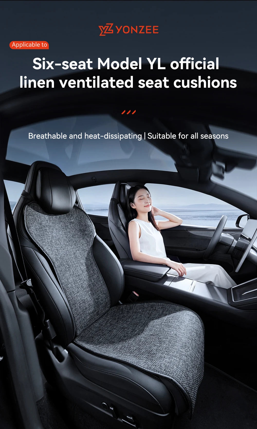 Car Seat Cushion Pads Listed for 2026 Tesla Model YL Six-Seat Layout, YZ Mesh Composite Fabric with Linen and Ice Silk References, Row-Specific Pack Options