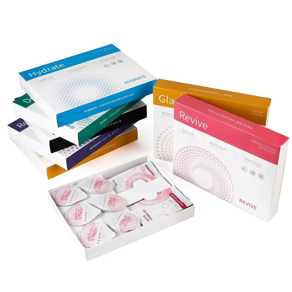 Facial Pod Serum and Gel Kit with Listed Six 8g Pods, Six 8ml Serums and Six 15ml Gels, Seven Type Choices and Separate Bubble Pen Option