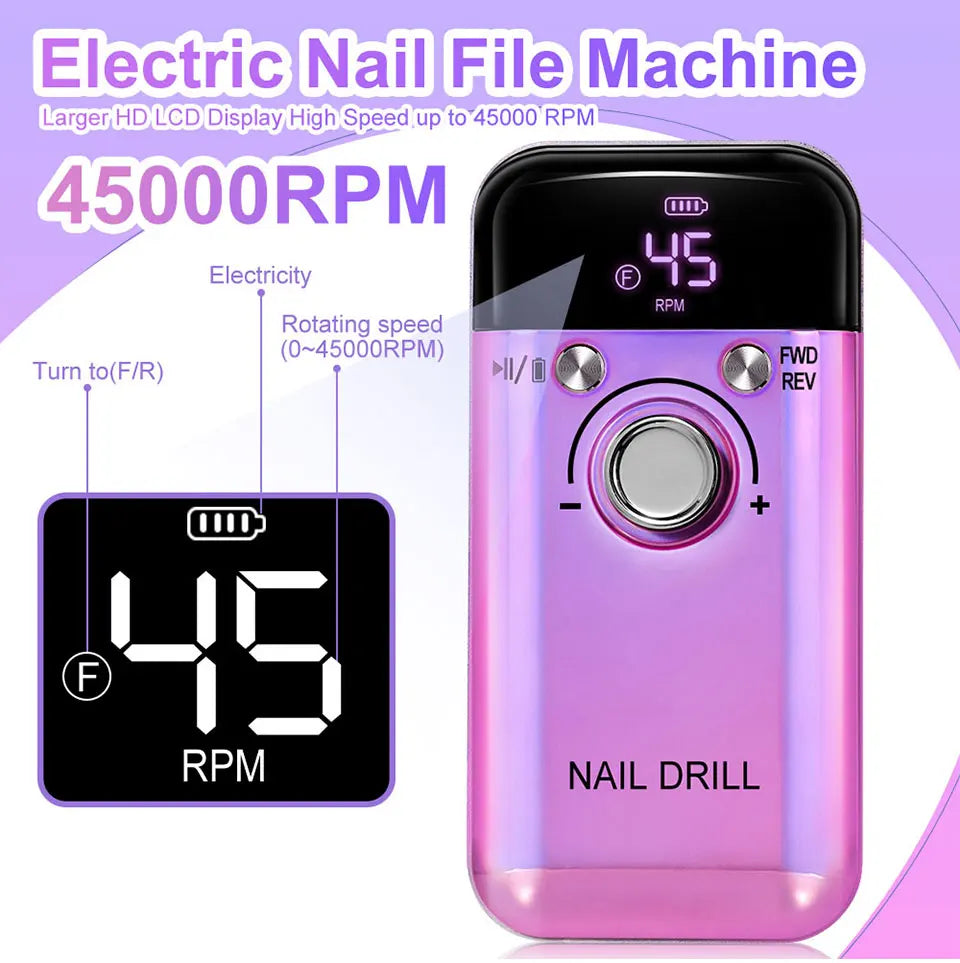 Rechargeable Portable Nail Drill with Listed 45,000 RPM Speed and Type-C Option, White, Pink or Purple Device and Kit Selections for Manicure Work