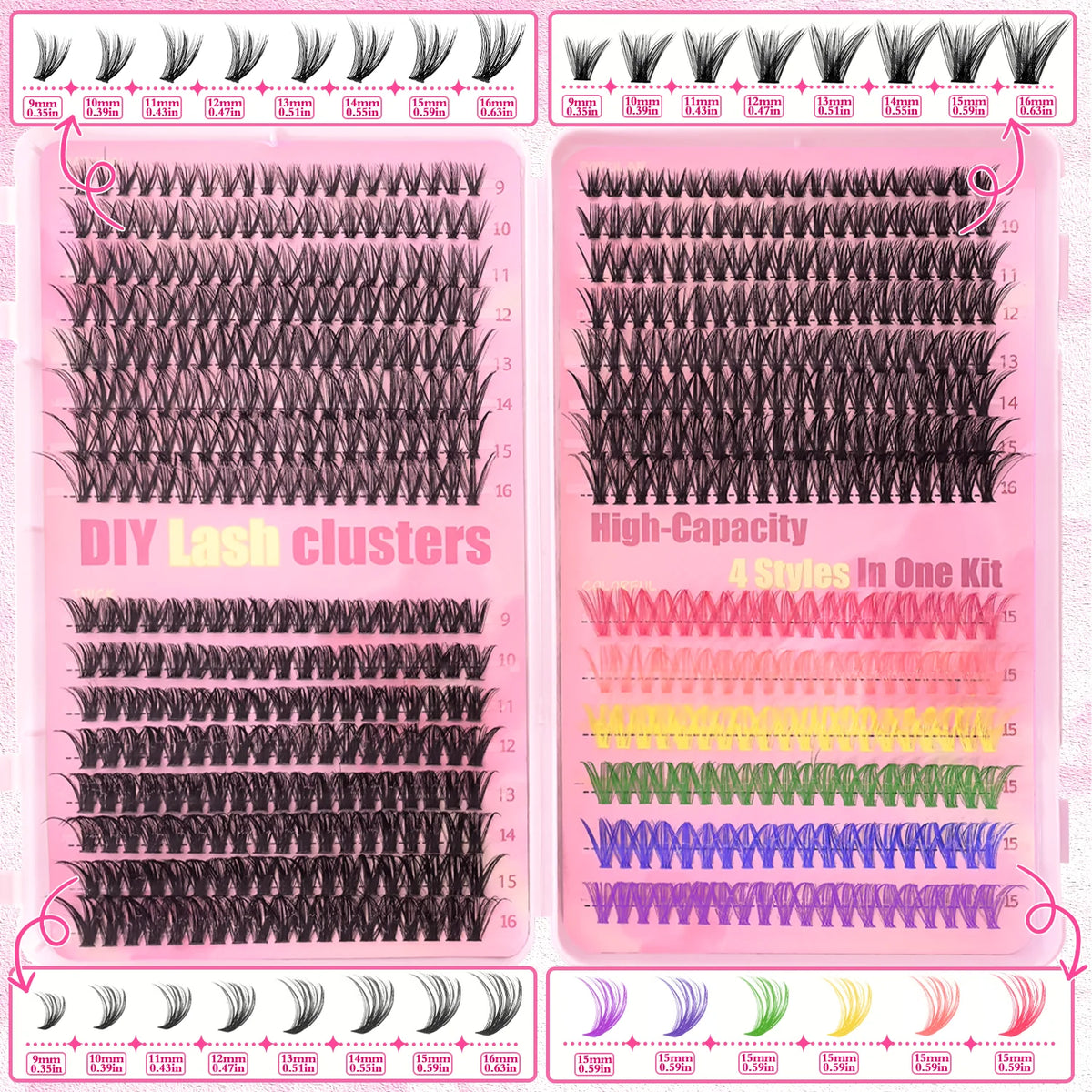 Color Mixed Lash Clusters, 12 and 30 Row Options with 345D and Wide Stem Styles for DIY False Eyelash Looks, Creative Eye Makeup and Occasions