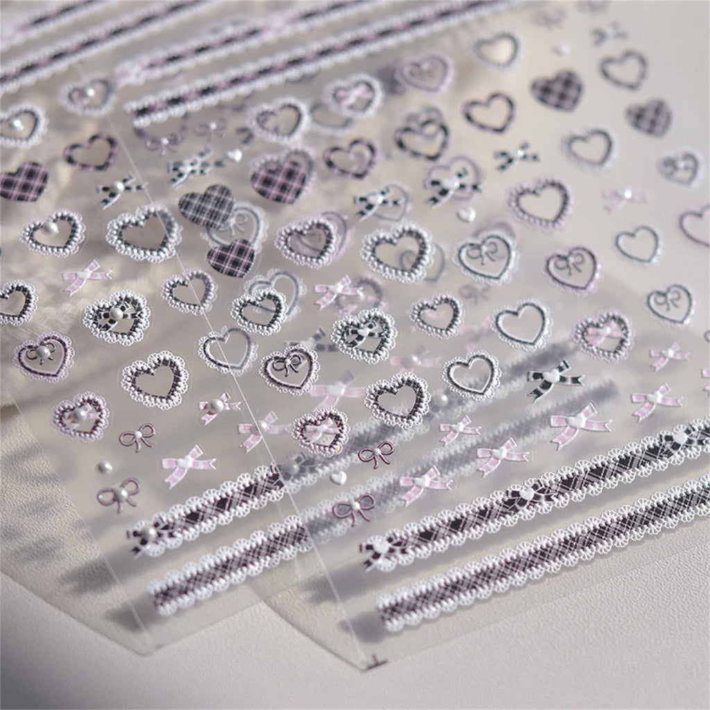 Kawaii Lace Nail Stickers, 1 Sheet of 5D Relief Self-Adhesive Bow and Red Heart Decals for Japanese-Style Wedding and Everyday DIY Manicures