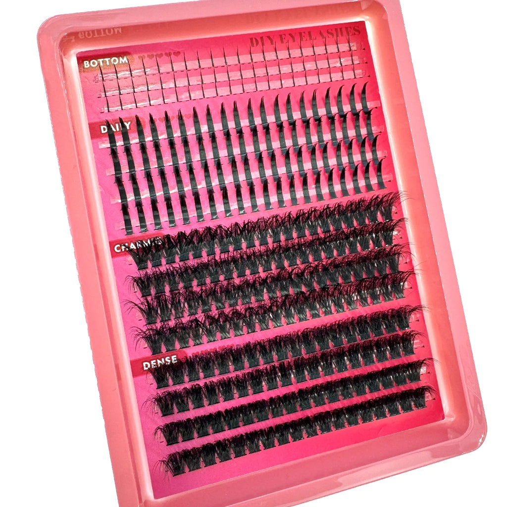 Spiky Manga Lash Clusters with Bottom Lash References, Individual False Eyelashes in 15-Row and 16-Row Style Selections with D or dd Curl and MIX Length Labels