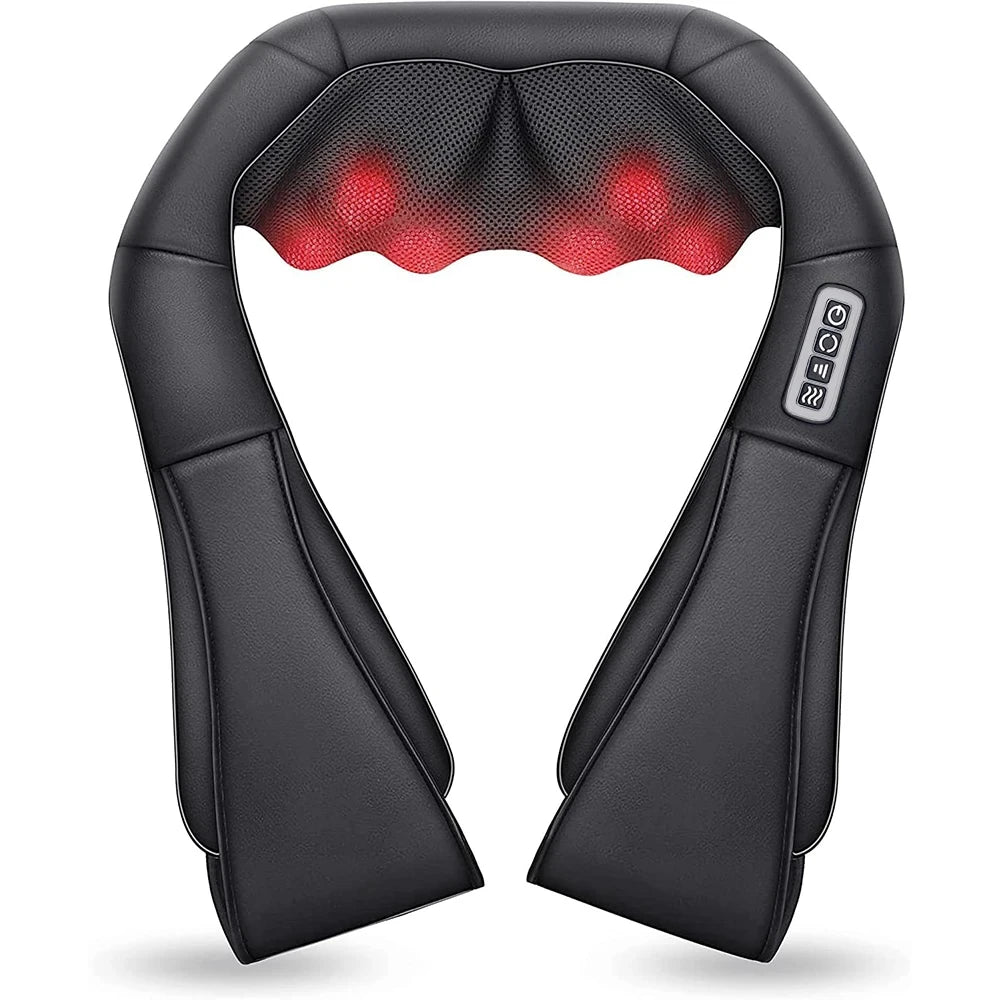 U-Shape Neck and Shoulder Massager with Heat and Reversible Shiatsu-Style Kneading, Four-Button Black or Black Gray Styles with US or EU Plug Options for Adult Relaxation