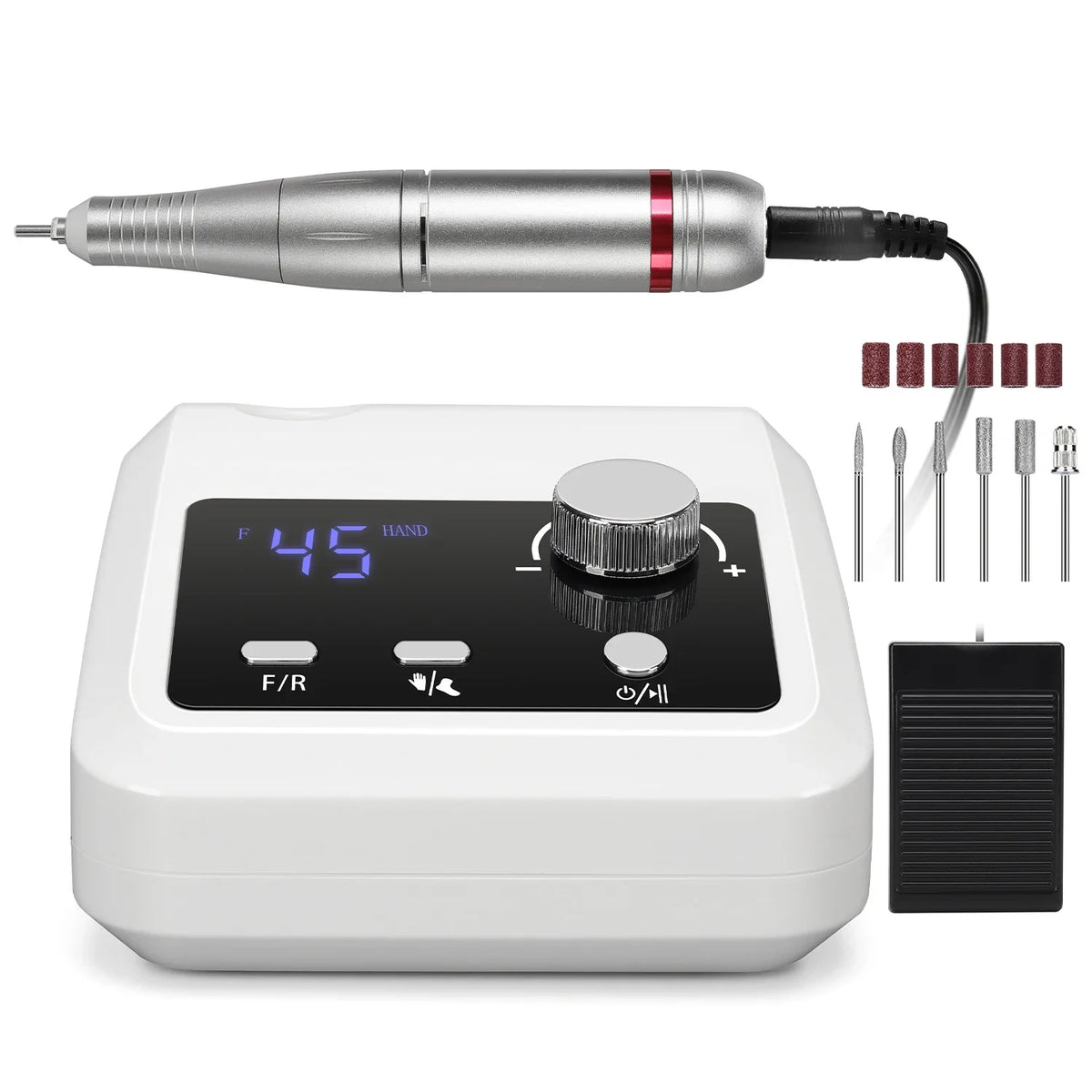 Foot-Pedal Nail Drill with Listed 45,000 RPM Adjustable Speed, Forward and Reverse Rotation, White, Black, Pink or Colorful Sets and US or EU Plug Options