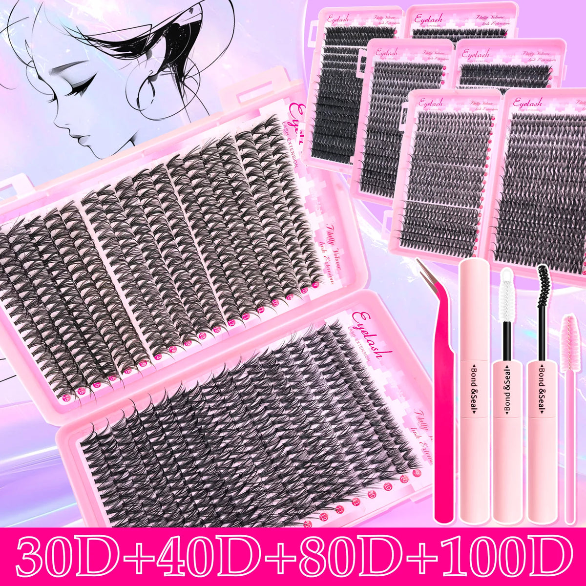 Lash Cluster Extension Kit with Wispy Volume, Fourteen Quantity and Style Options Including Spike and Bottom Lash Labels for Adult Makeup Looks