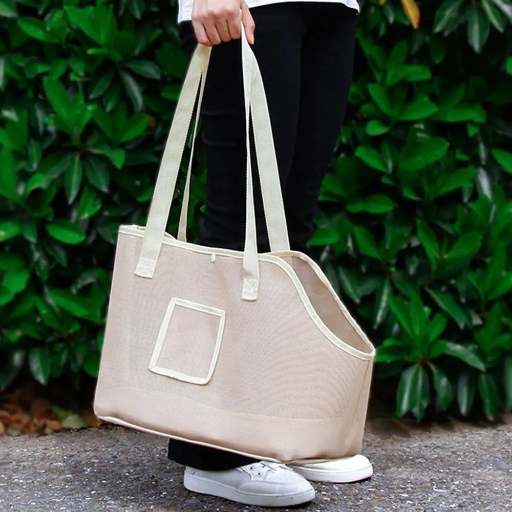Mesh Dog Carrier Shoulder Bag, Foldable Breathable Pet Travel Handbag with Textilene, Nylon and Oxford Cloth in Beige, Black or Grey and M or L Size Options