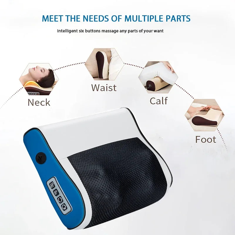 EU Plug Neck and Back Kneading Massager with Listed Adjustable Heat, Blue, Pink and Six-Key-Labeled Options for Adult At-Home Personal Relaxation