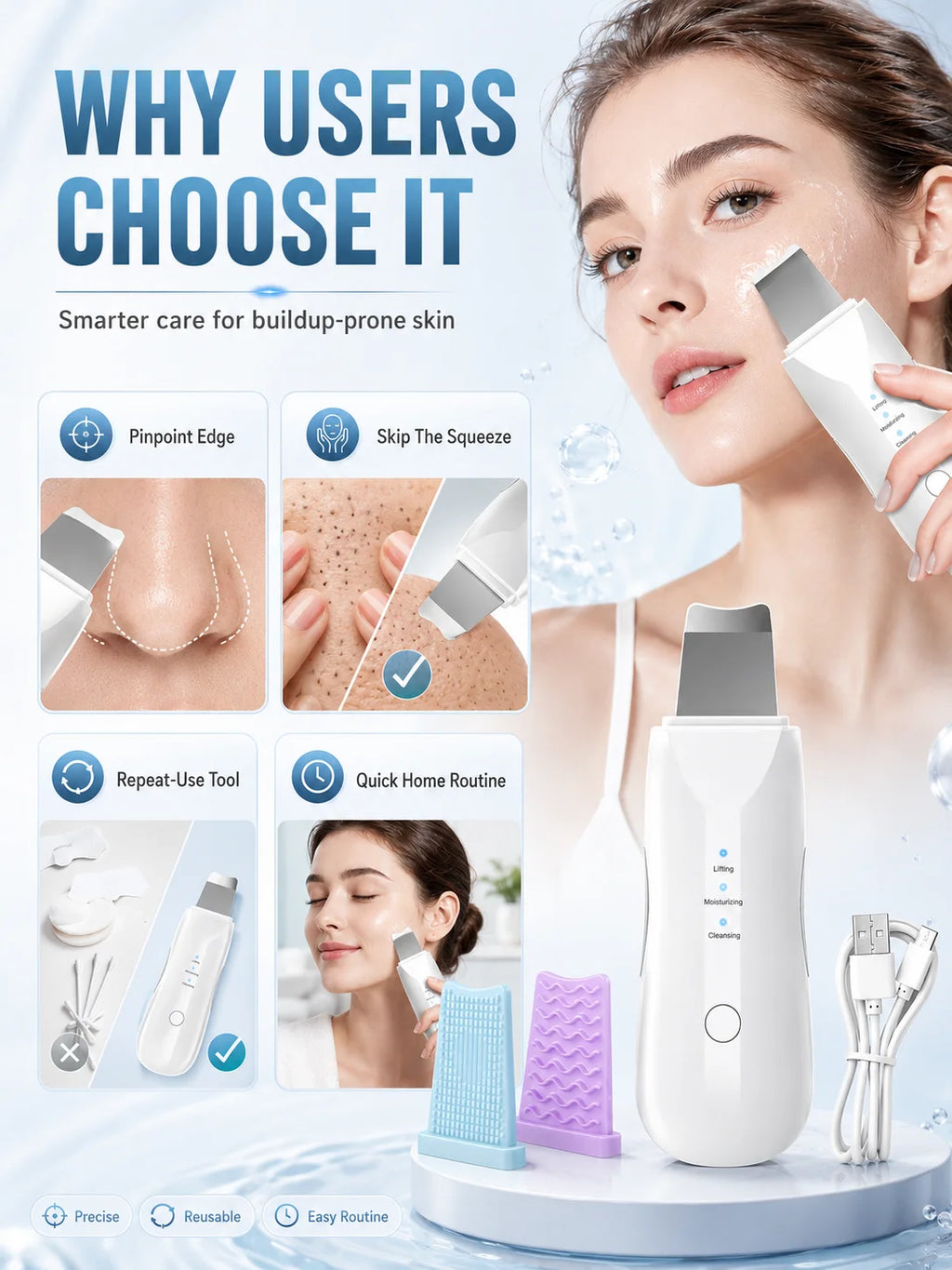 Ultrasonic Skin Scrubber for Facial Cleansing and Cosmetic Exfoliation, Adult Home Skincare Tool in Standard Color Box or Premium Version Options