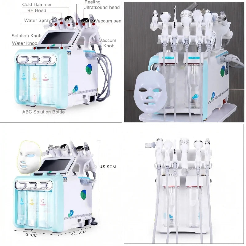 Touchscreen Hydro Facial Equipment with A/B/C Solution Tanks, Multi-Handpiece Beauty Machine References and 110v, 220v or DL Selection Labels