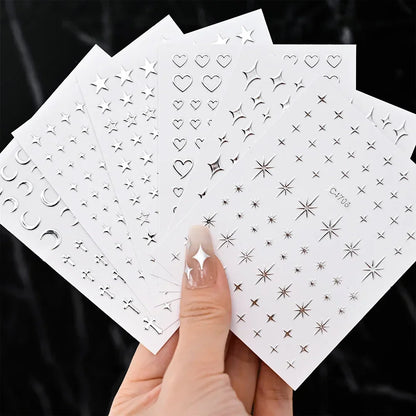 Silver Star Nail Stickers, 6 Sheets of Metallic 3D Self-Adhesive Chain and Heart Nail Art Decals for DIY Manicures, Party Looks and Salon Decoration