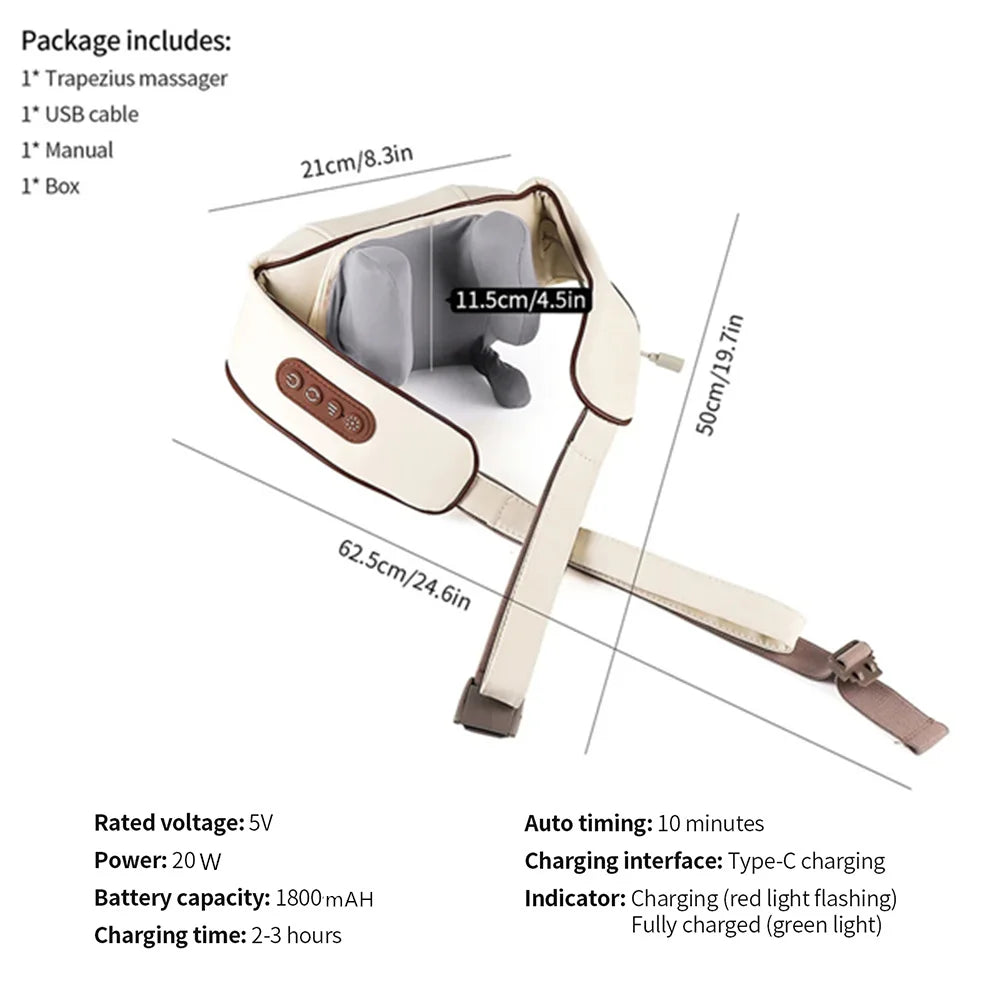 Rechargeable Neck and Shoulder Massage Shawl with Listed Two Modes, Adjustable Straps and Back Buckle, 20W or 26W Kneading Models in White, Grey and Brown Options