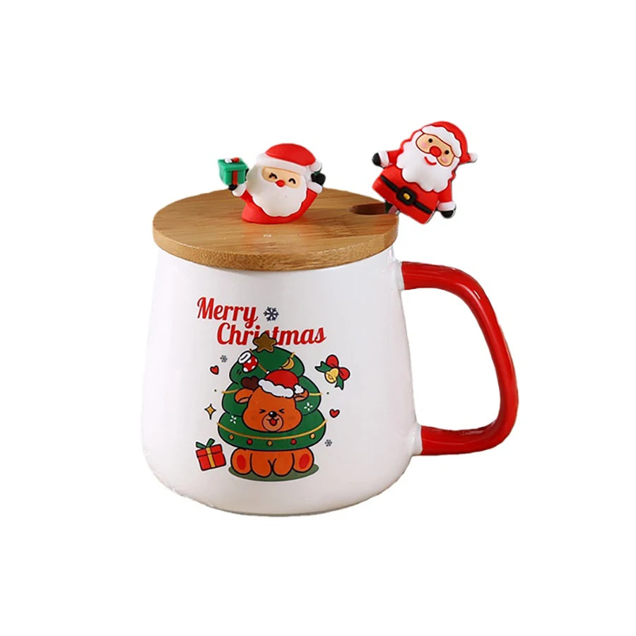 Christmas Ceramic Coffee Mug with Lid, Spoon and Gift Box, 400ml Holiday Cup in Santa Claus, Snowman, Christmas Gift or Christmas Deer Designs
