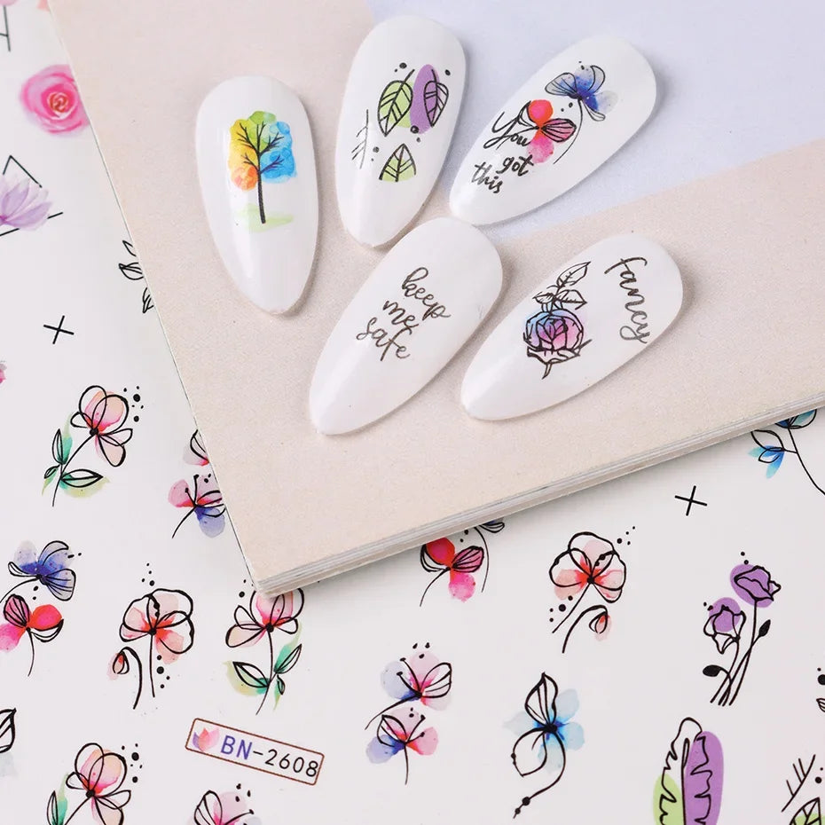 Water Transfer Nail Decals, BN2605-2616 Nail Art Slider Stickers for DIY Manicure Decoration, At-Home Styling and Seasonal Nail Design Ideas